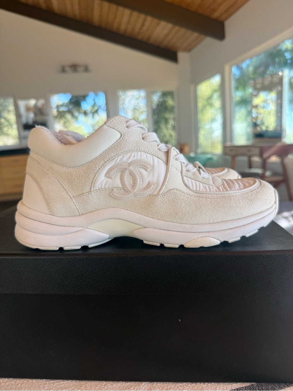 CHANEL Cream Suede & Leather Logo Chunky Sneaker
